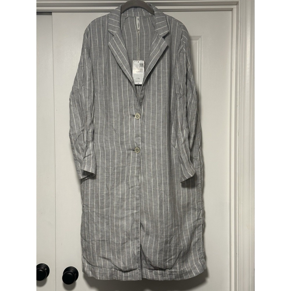 Mango, Casual Women's 100% Linen Coat/Jacket, Gray/White Stripped, Size M